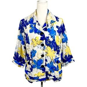 Multiples Floral Blue Yellow White Sheer Art to Wear Rayon Blend Blazer Size L